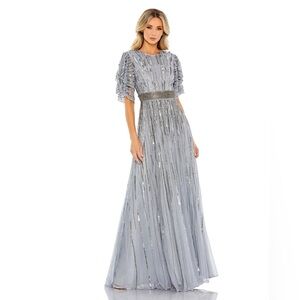 MAC DUGGAL 93582 EMBELLISHED FULL LENGTH LAYERED SLEEVE SLATE BLUE GOWN SIZE 14